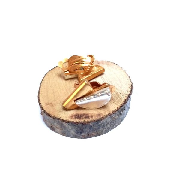 Vintage Modern Design Earrings, 1970s retro Clip On ,  Tow Tone Gold plated, - Picture 5 of 9